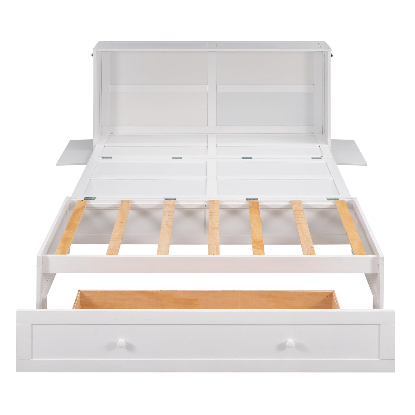 Queen Mobile Murphy Bed with Drawer & Side Shelves - White