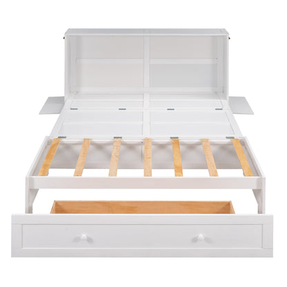 Queen Mobile Murphy Bed with Drawer & Side Shelves - White