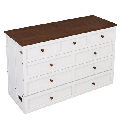 Queen Solid Pine Murphy Cabinet Bed with Charging Station - White & Walnut