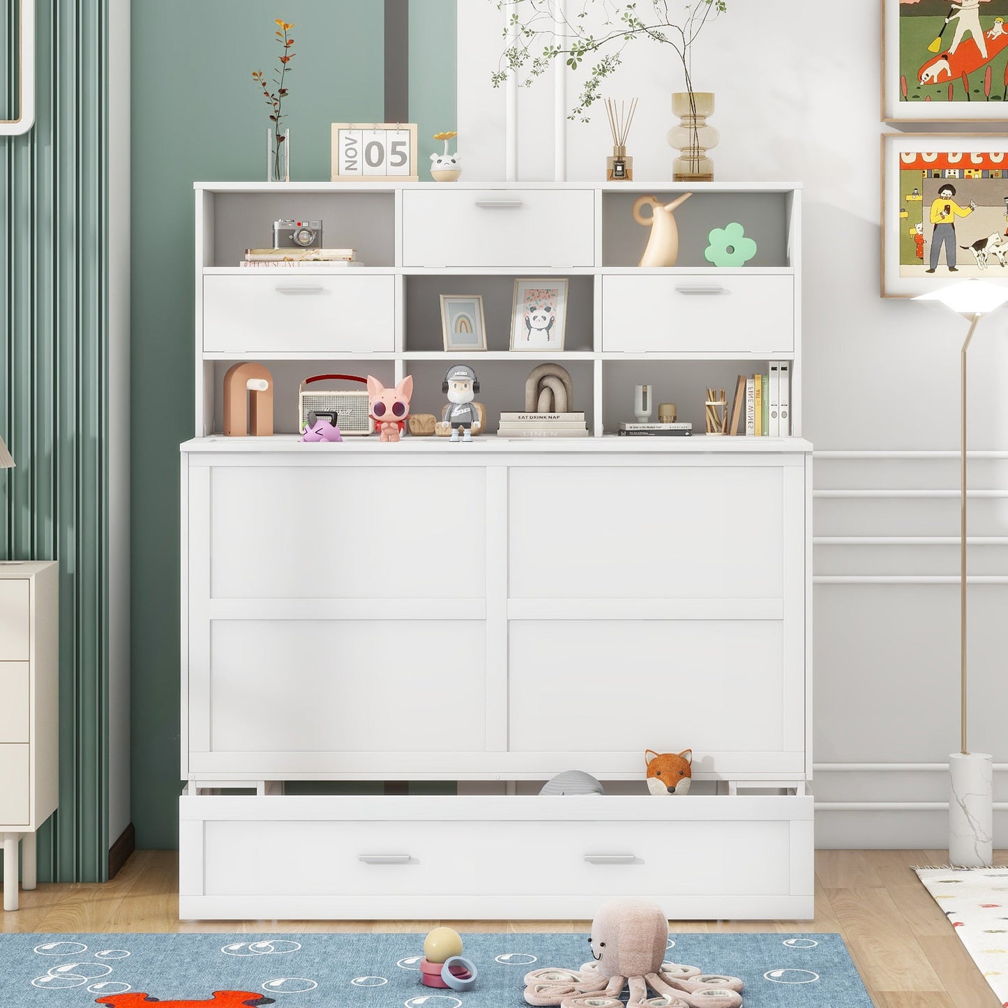 Queen Murphy Bed with Bookcase, Bedside Shelves & Drawer - White