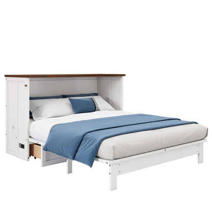 Queen Solid Pine Murphy Cabinet Bed with Charging Station - White & Walnut