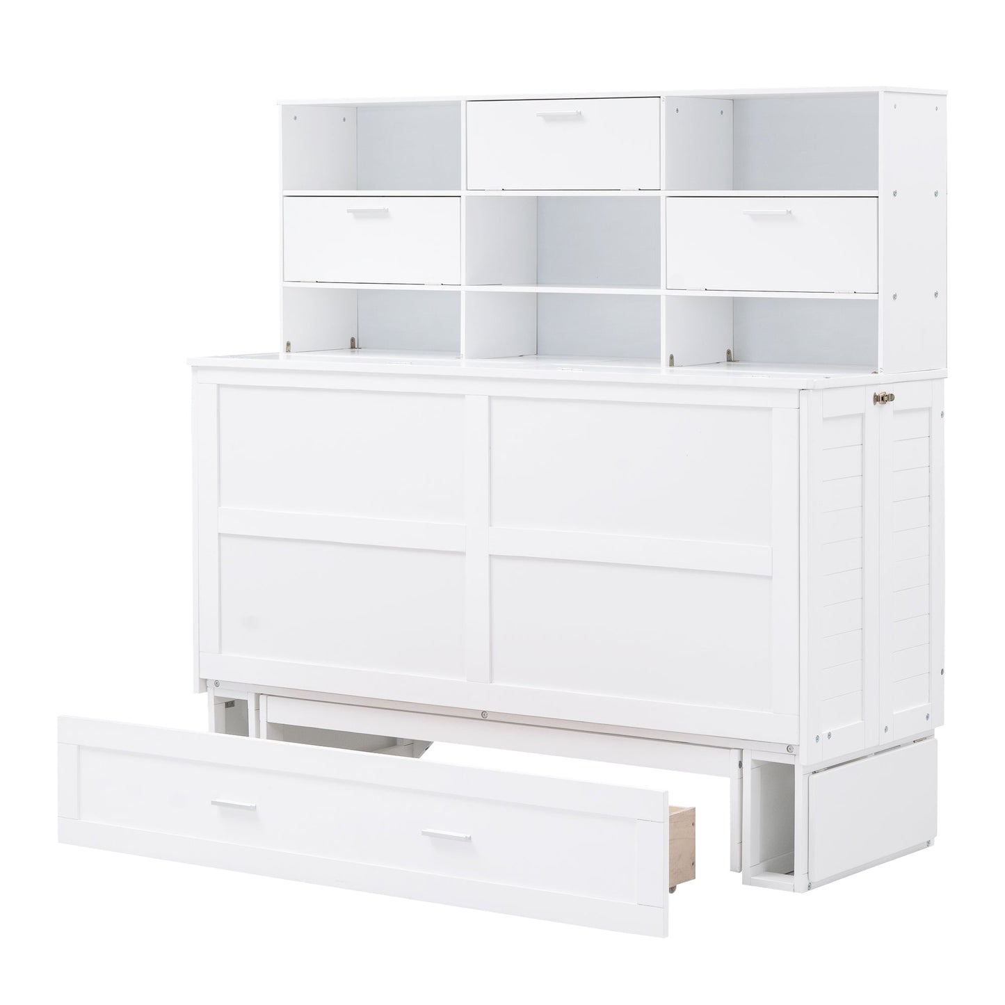 Queen Murphy Bed with Bookcase, Bedside Shelves & Drawer - White