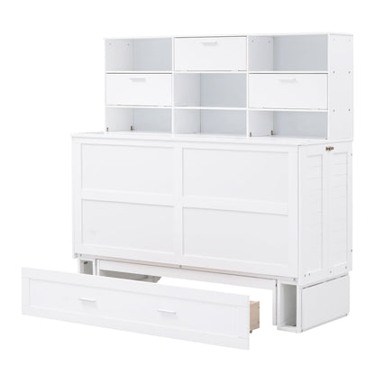 Queen Murphy Bed with Bookcase, Bedside Shelves & Drawer - White
