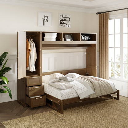 Full Murphy Bed with Wardrobe, Drawers & Open Shelves - Antique Grey
