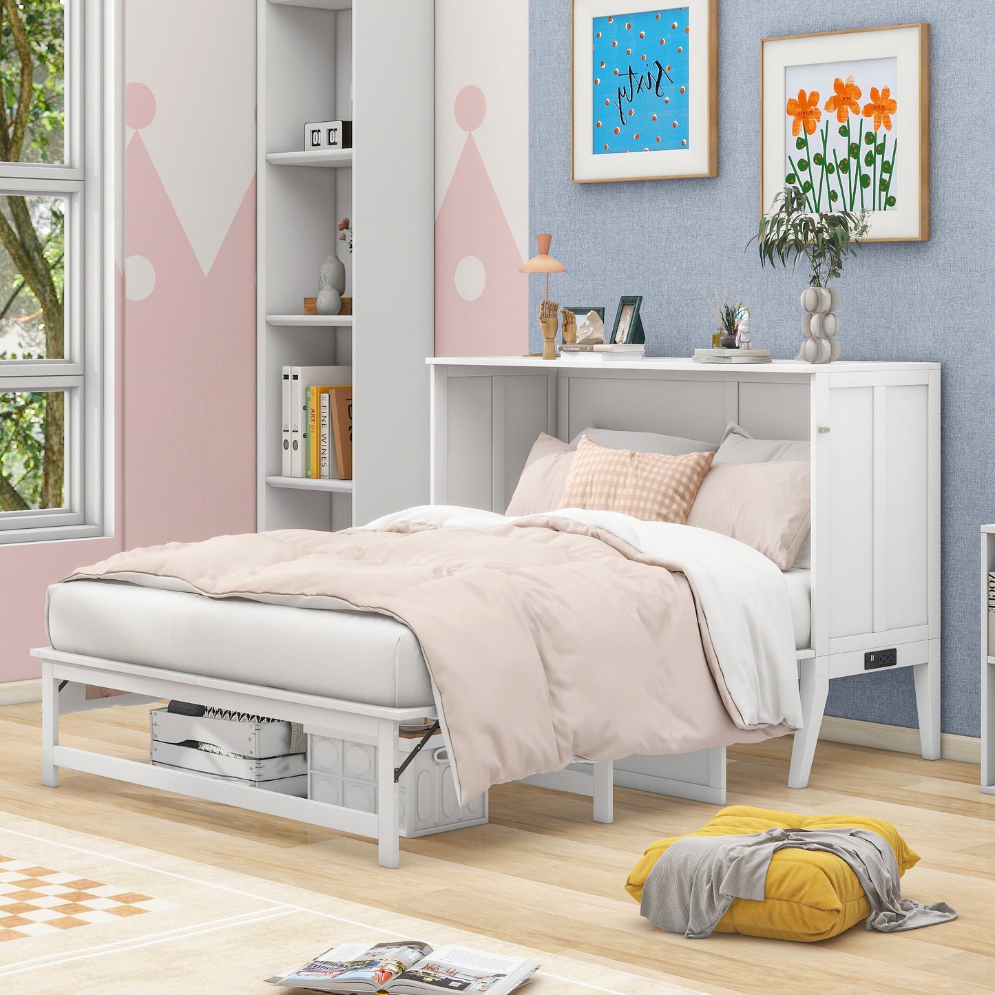 Queen Murphy Bed with Charging Station & Shelf - White