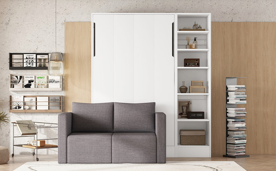 Twin Murphy Wall Bed with Sofa & Shelves - White