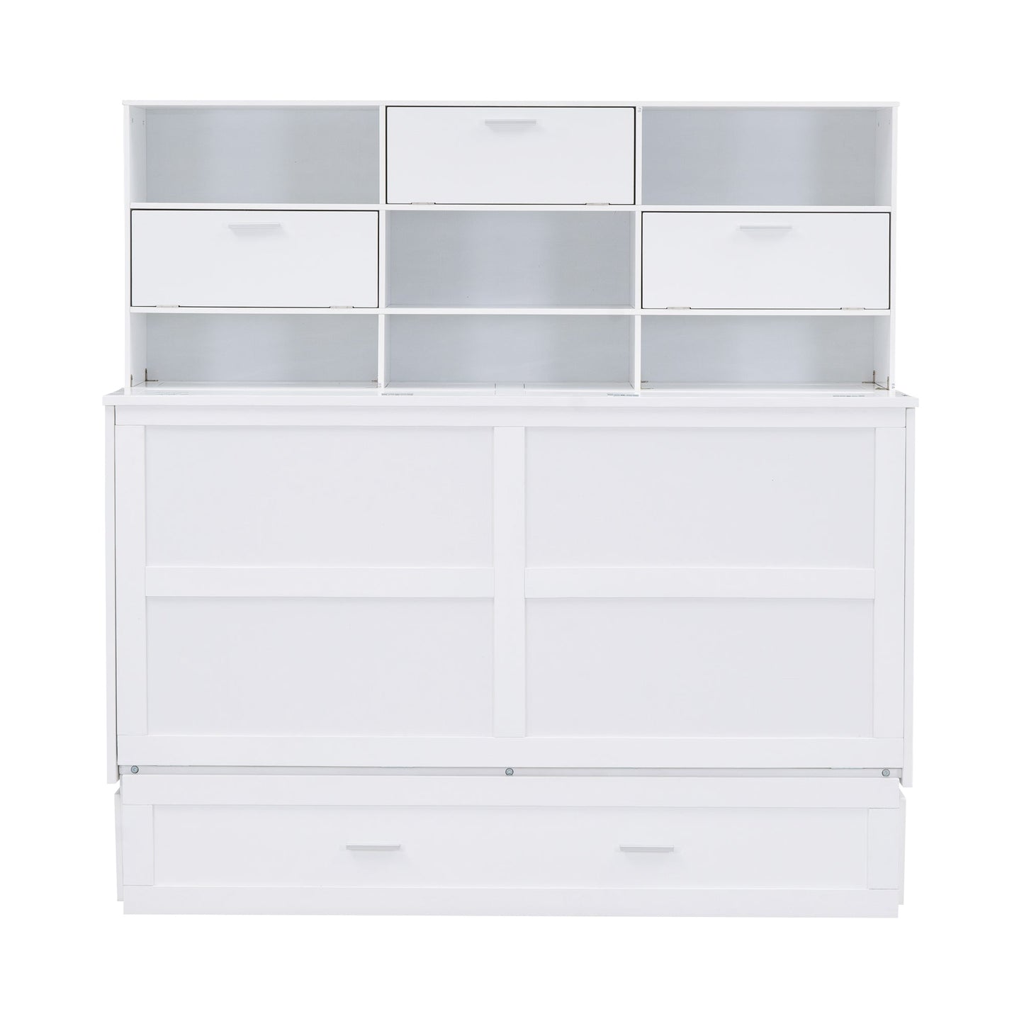 Queen Murphy Bed with Bookcase, Bedside Shelves & Drawer - White