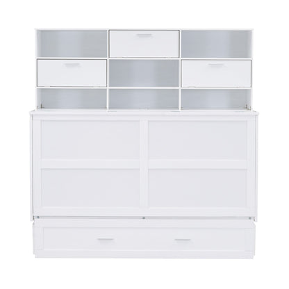 Queen Murphy Bed with Bookcase, Bedside Shelves & Drawer - White