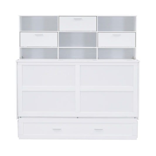 Queen Murphy Bed with Bookcase, Bedside Shelves & Drawer - White