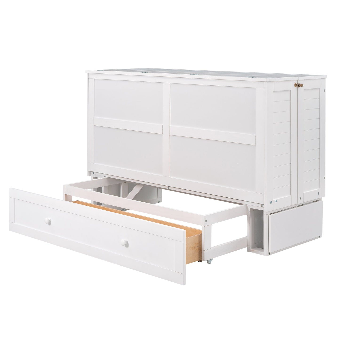 Queen Mobile Murphy Bed with Drawer & Side Shelves - White