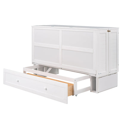 Queen Mobile Murphy Bed with Drawer & Side Shelves - White