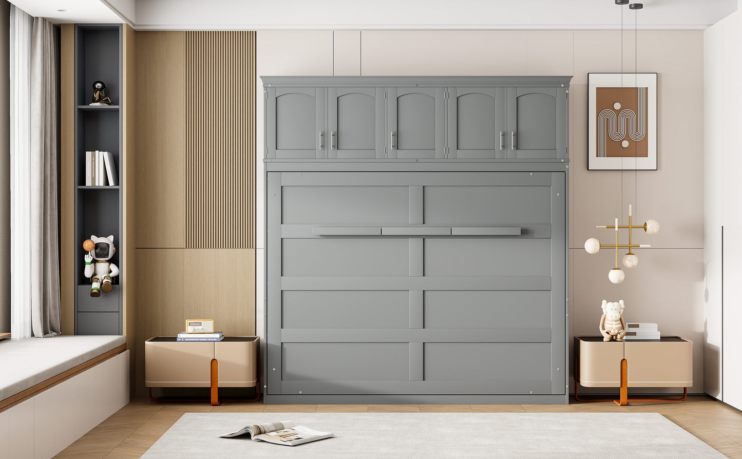 Full Murphy Wall Bed with Top Cabinets - Gray
