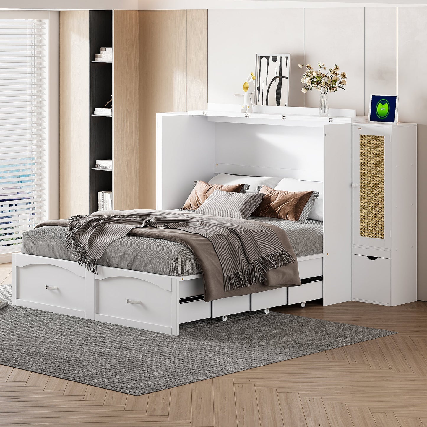 Queen Murphy Wall Bed with Storage Cabinets, Drawers & USB - White