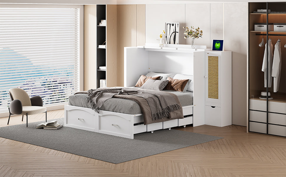 Queen Murphy Wall Bed with Storage Cabinets, Drawers & USB - White