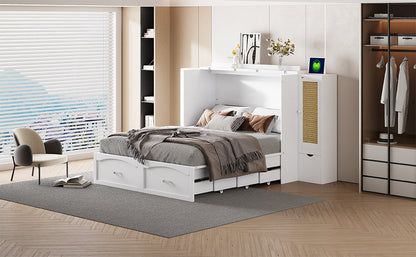 Queen Murphy Wall Bed with Storage Cabinets, Drawers & USB - White