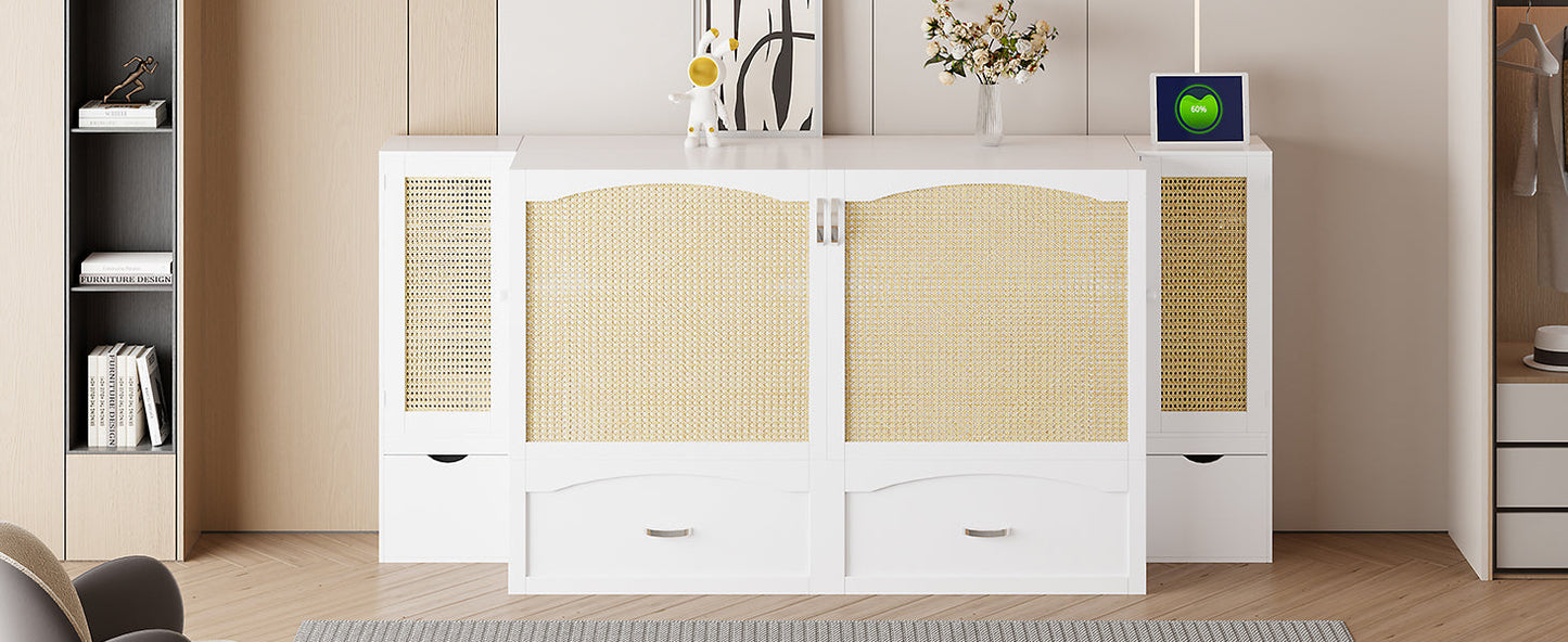 Queen Murphy Wall Bed with Storage Cabinets, Drawers & USB - White