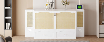 Queen Murphy Wall Bed with Storage Cabinets, Drawers & USB - White