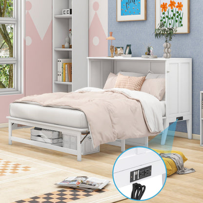 Queen Murphy Bed with Charging Station & Shelf - White