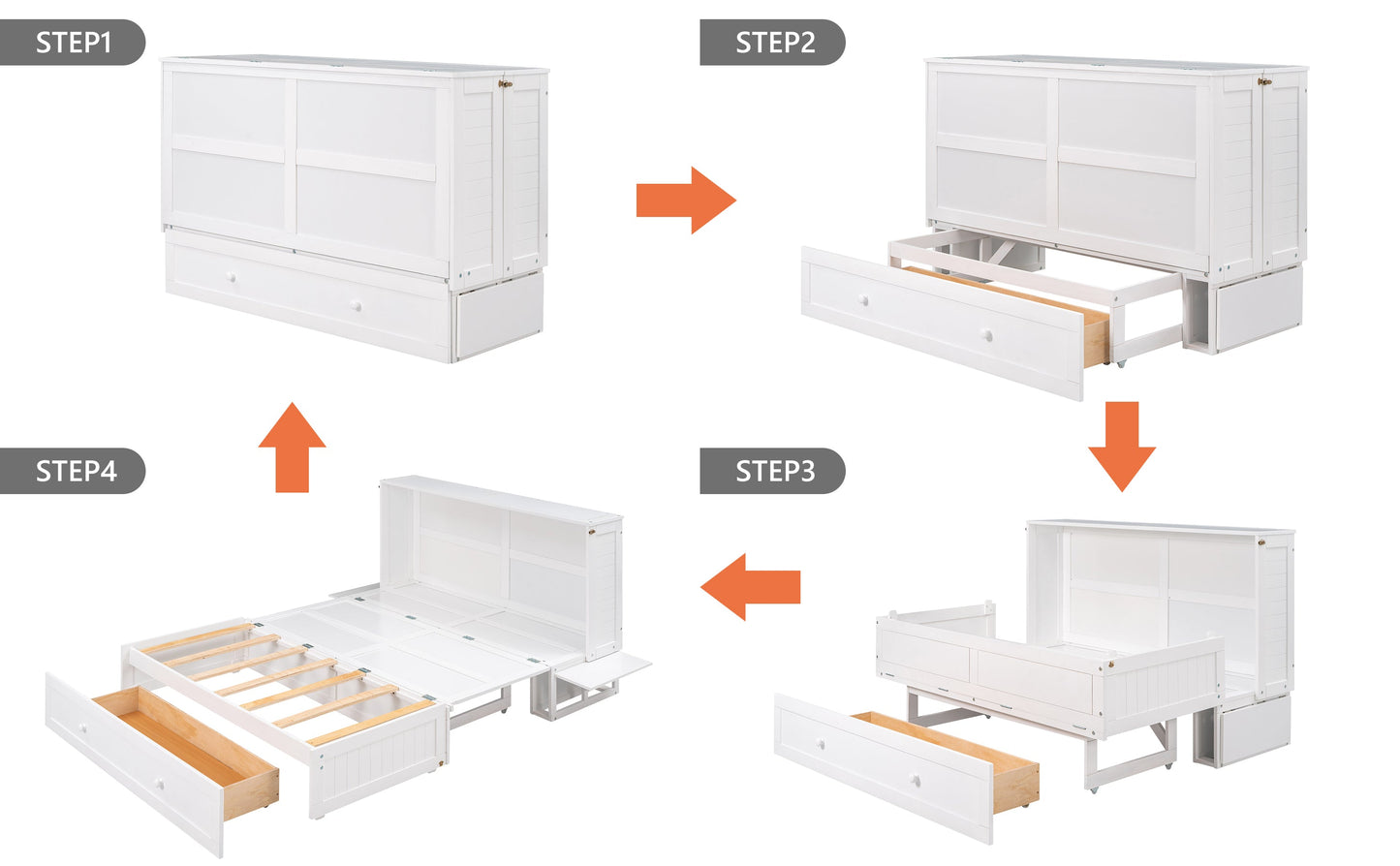 Queen Mobile Murphy Bed with Drawer & Side Shelves - White