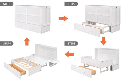 Queen Mobile Murphy Bed with Drawer & Side Shelves - White