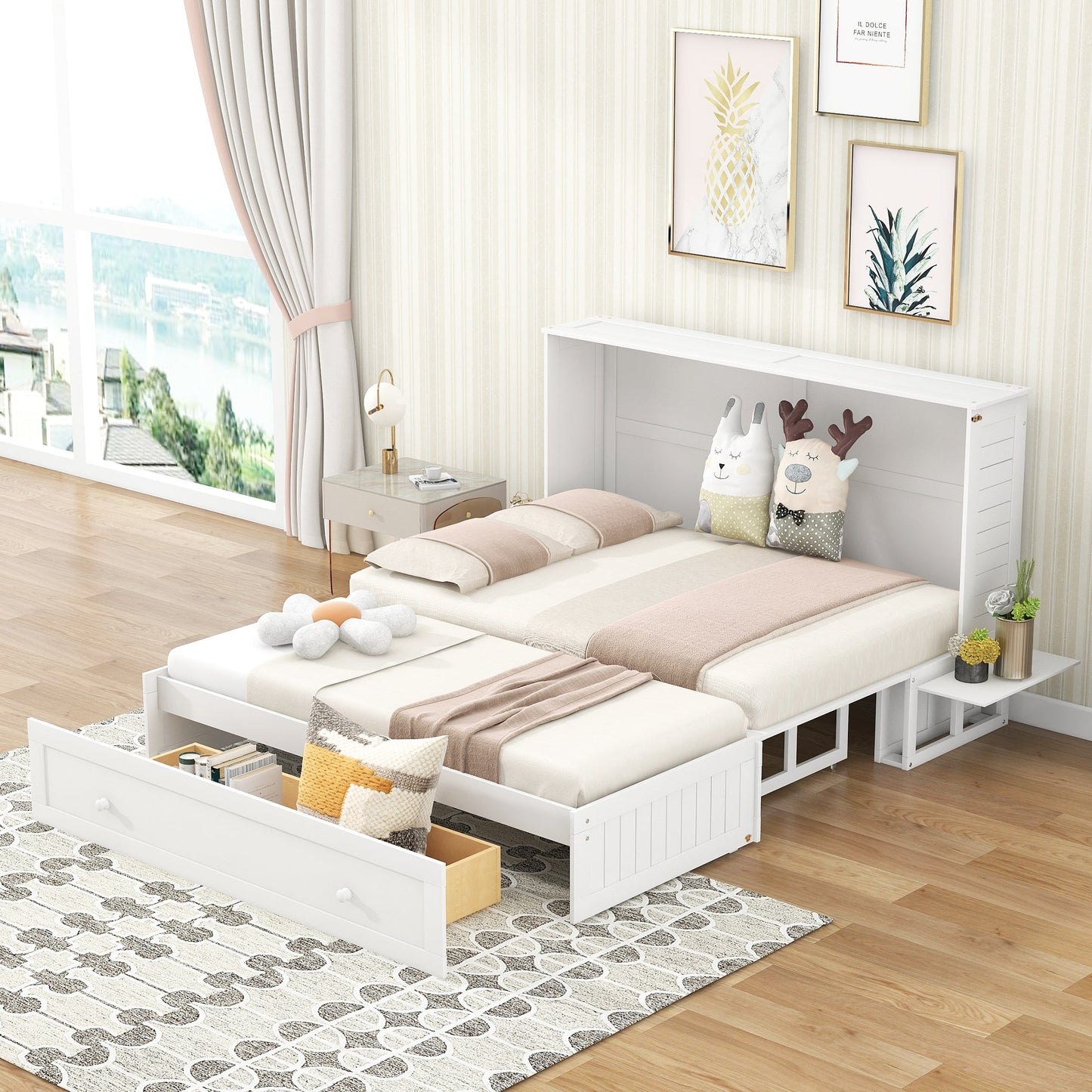 Queen Mobile Murphy Bed with Drawer & Side Shelves - White