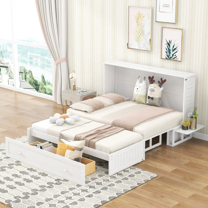Queen Mobile Murphy Bed with Drawer & Side Shelves - White
