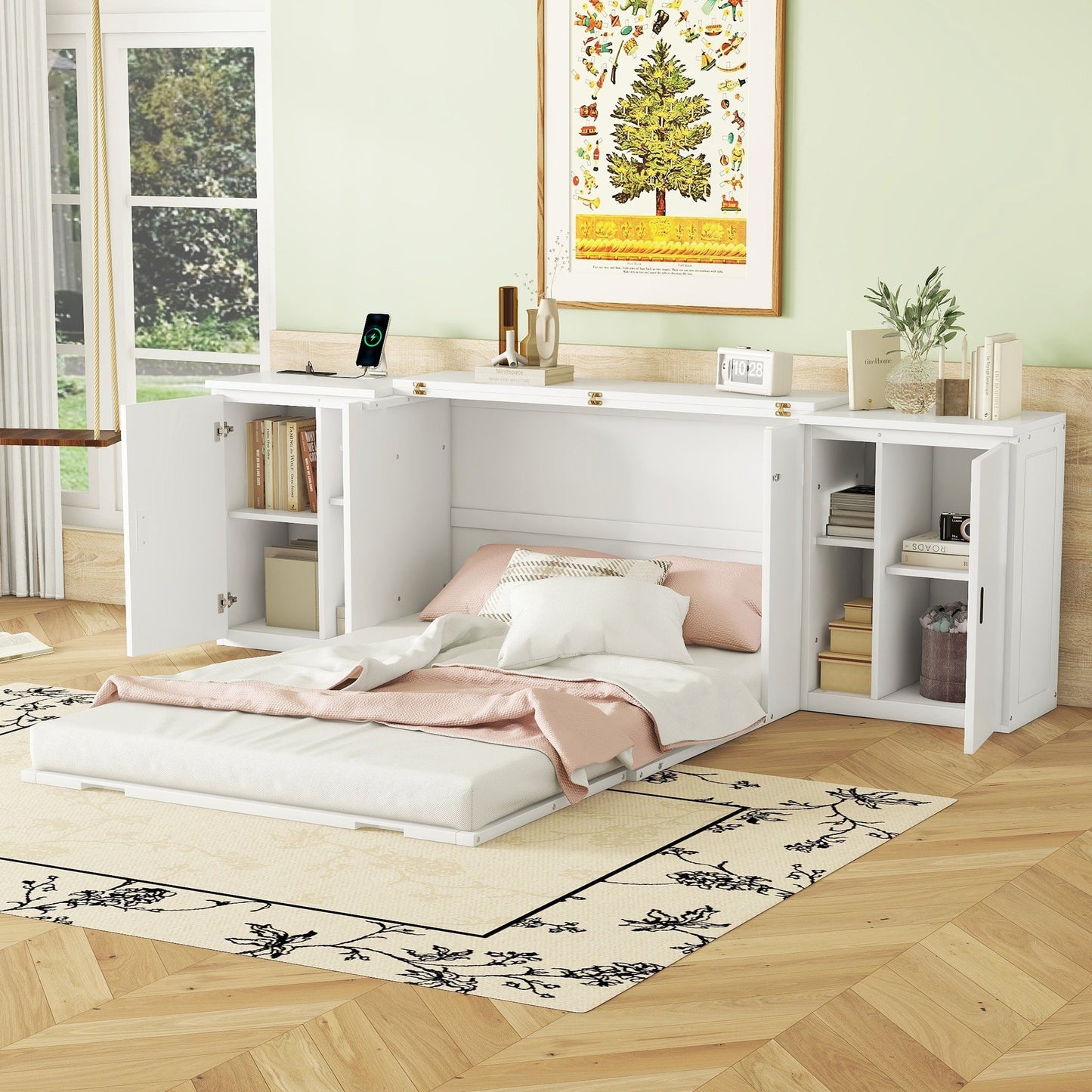 Full Murphy Bed with Shelves, Cabinets & USB Ports - White
