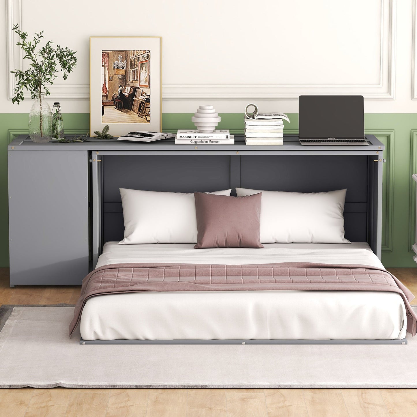 Queen Murphy Bed with Rotating Desk - Gray