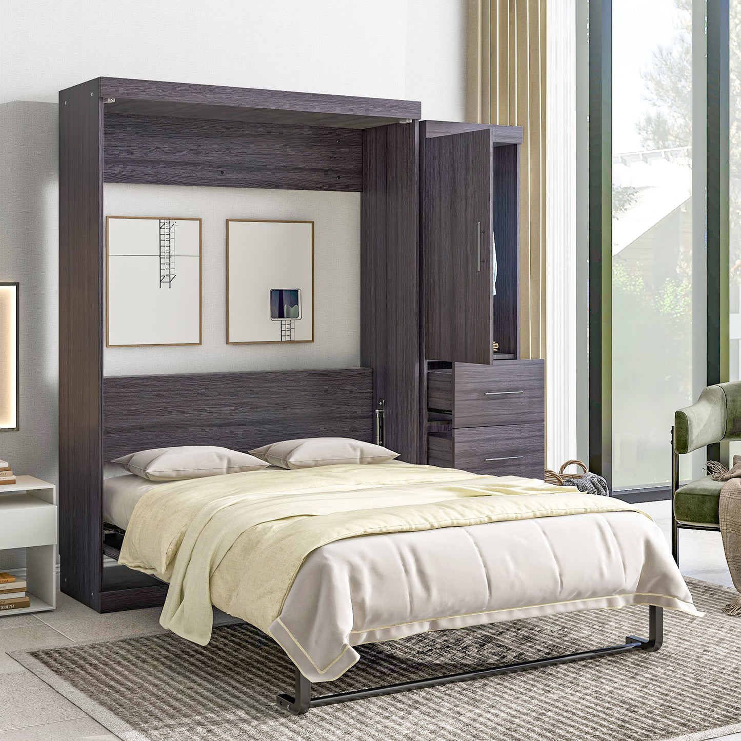 Full Murphy Bed with Wardrobe & Drawers - Gray
