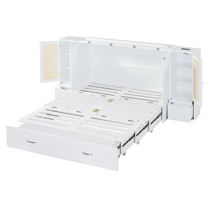 Queen Murphy Wall Bed with Storage Cabinets, Drawers & USB - White