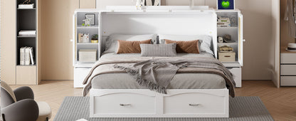 Queen Murphy Wall Bed with Storage Cabinets, Drawers & USB - White