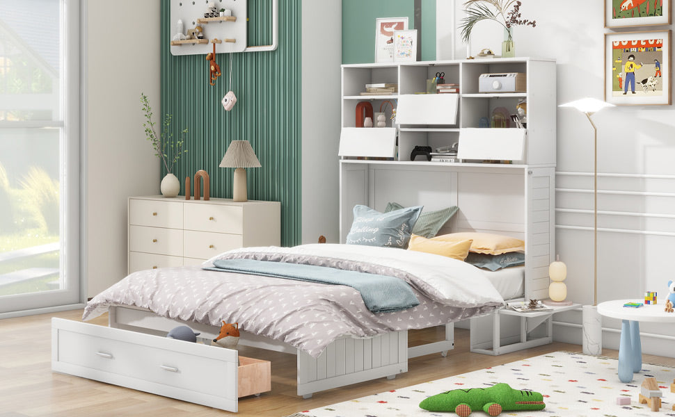 Queen Murphy Bed with Bookcase, Bedside Shelves & Drawer - White