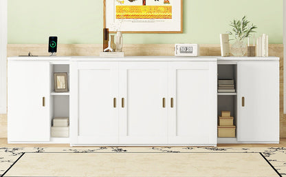 Full Murphy Bed with Shelves, Cabinets & USB Ports - White