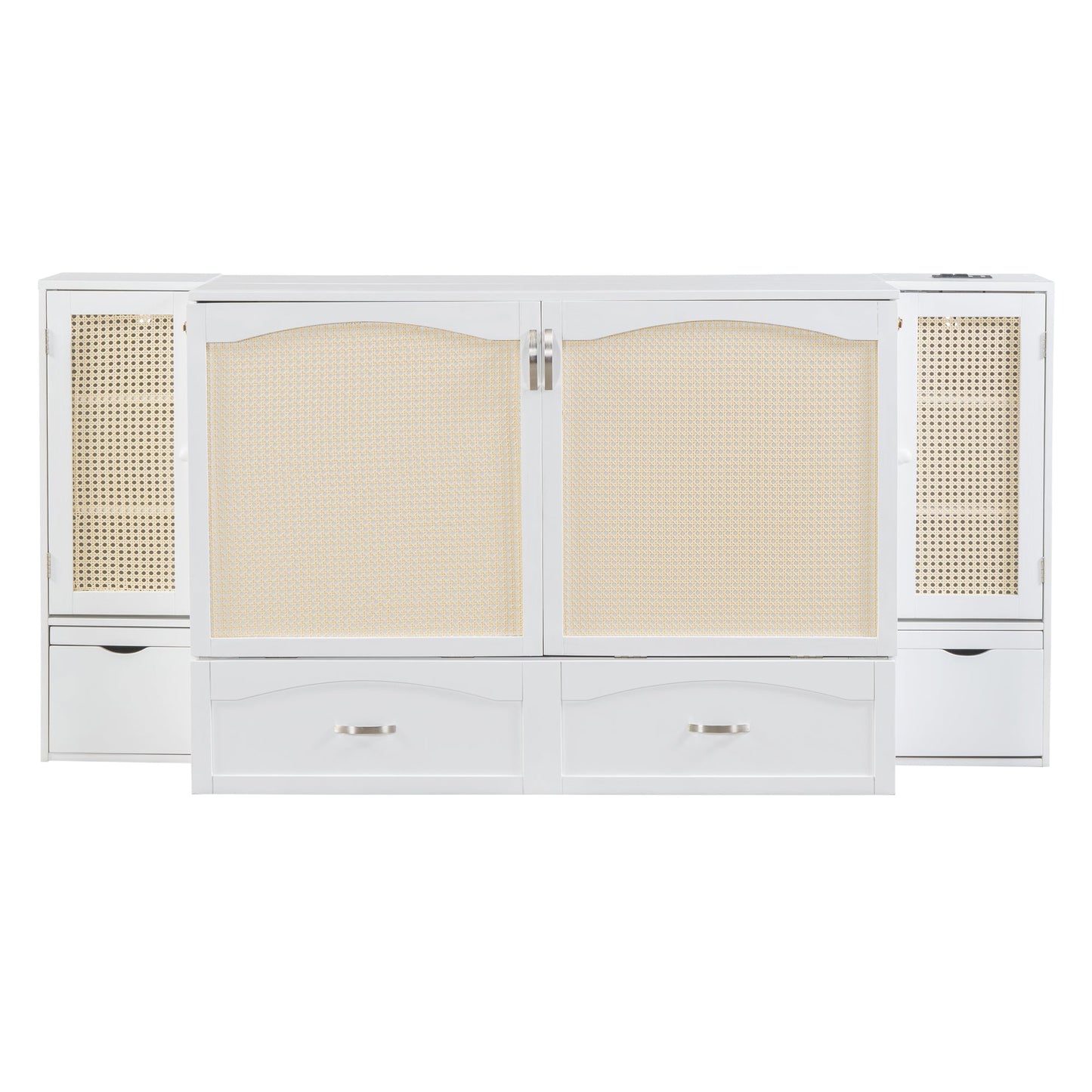Queen Murphy Wall Bed with Storage Cabinets, Drawers & USB - White