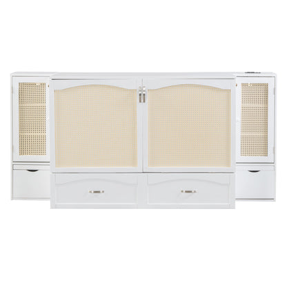 Queen Murphy Wall Bed with Storage Cabinets, Drawers & USB - White