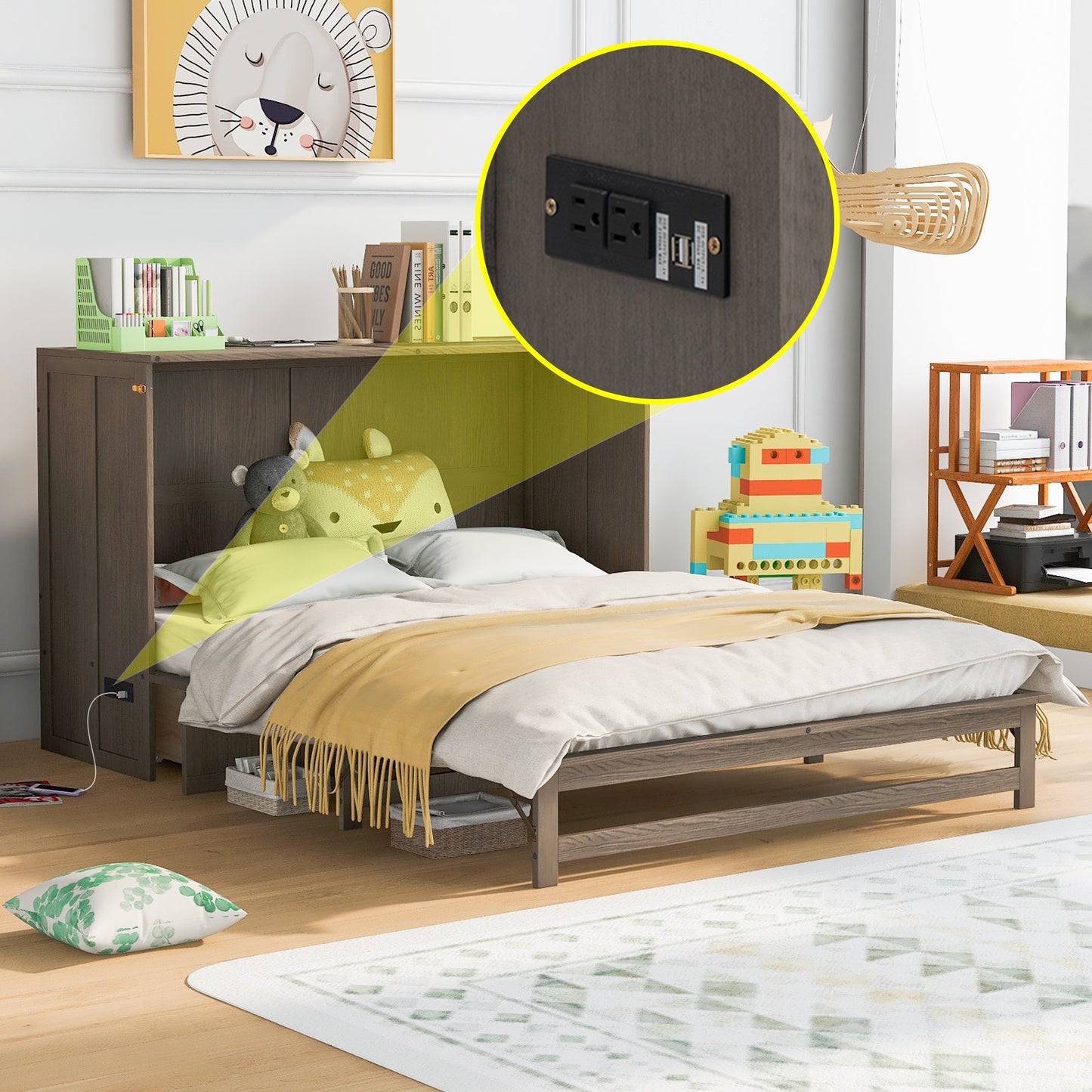 Queen Murphy Bed with Charging Station - Antique Grey