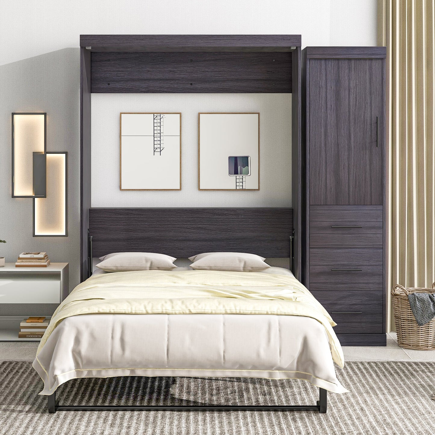Full Murphy Bed with Wardrobe & Drawers - Gray
