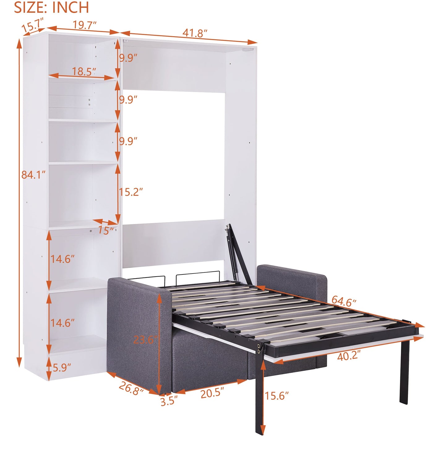 Twin Murphy Wall Bed with Sofa & Shelves - White