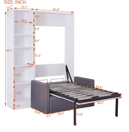 Twin Murphy Wall Bed with Sofa & Shelves - White