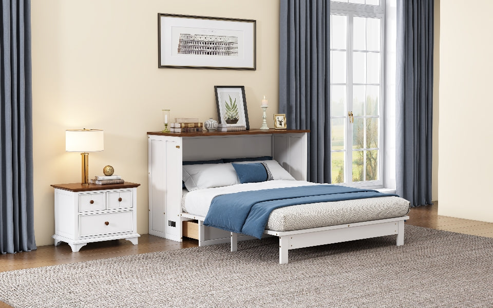 Queen Solid Pine Murphy Cabinet Bed with Charging Station - White & Walnut