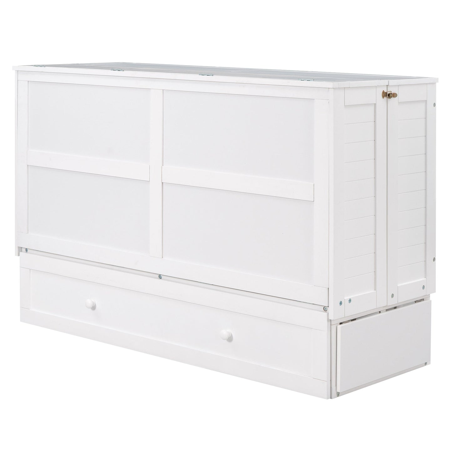 Queen Mobile Murphy Bed with Drawer & Side Shelves - White
