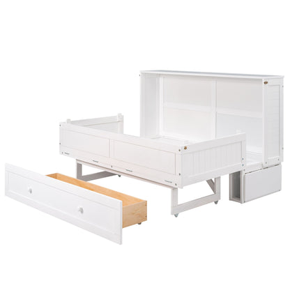 Queen Mobile Murphy Bed with Drawer & Side Shelves - White