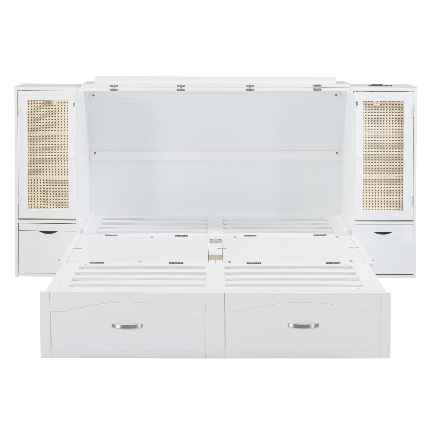 Queen Murphy Wall Bed with Storage Cabinets, Drawers & USB - White