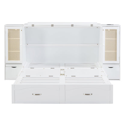 Queen Murphy Wall Bed with Storage Cabinets, Drawers & USB - White