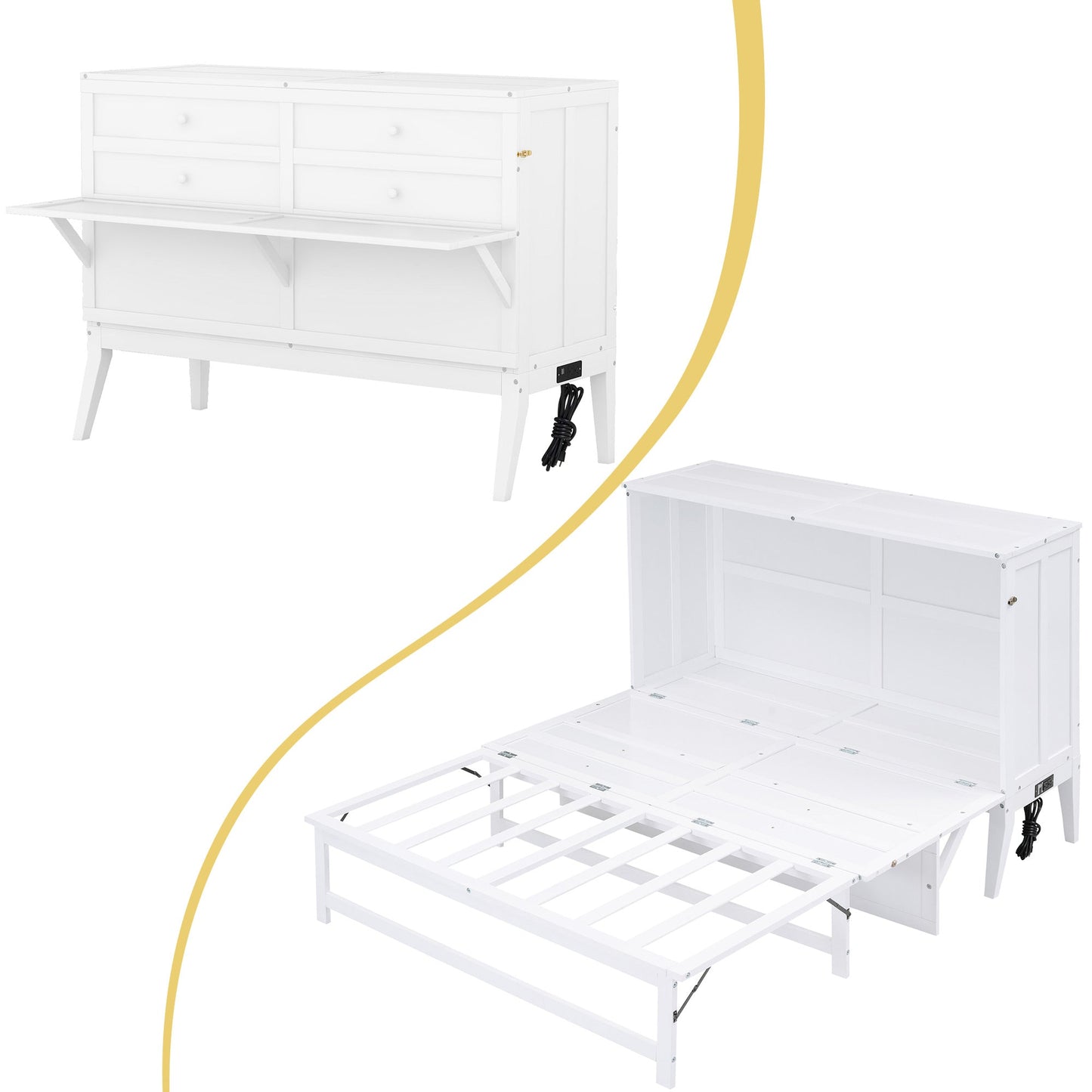 Queen Murphy Bed with Charging Station & Shelf - White