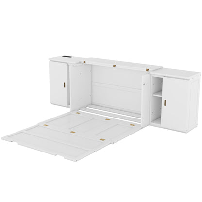 Full Murphy Bed with Shelves, Cabinets & USB Ports - White
