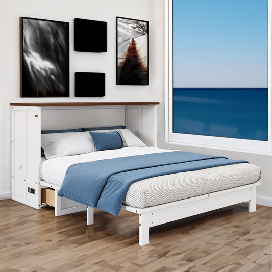 Queen Solid Pine Murphy Cabinet Bed with Charging Station - White & Walnut