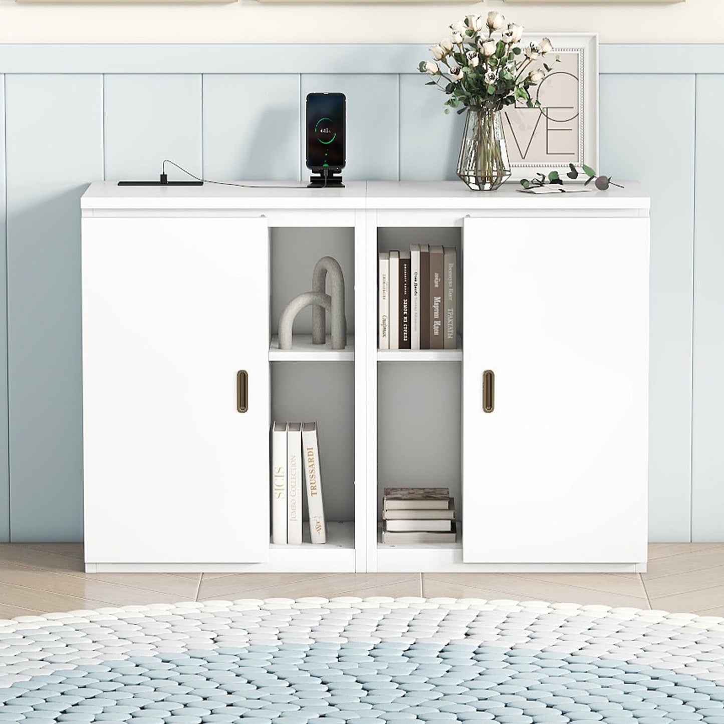 Queen Murphy Bed with Shelves, Cabinets & USB Ports - White
