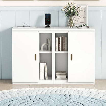 Queen Murphy Bed with Shelves, Cabinets & USB Ports - White