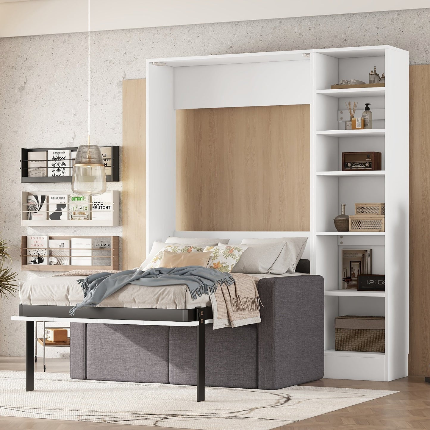 Twin Murphy Wall Bed with Sofa & Shelves - White